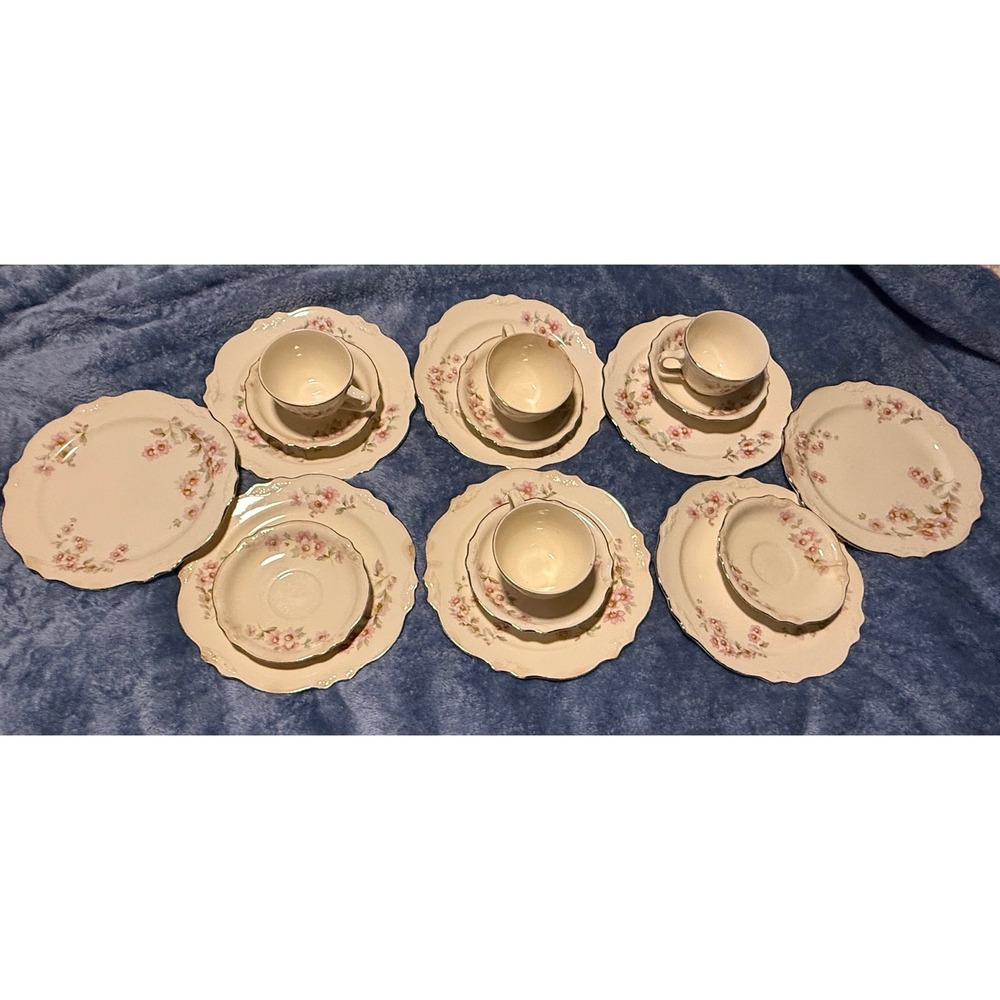 Vintage Homer Laughlin Pink Floral China Set Plates Cups Saucers Made in USA